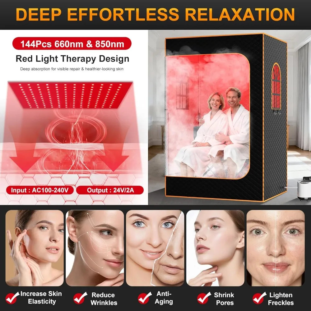 2 Person Infrared Sauna Box, Portable Steam Sauna with Red Light Therapy Lamp,2 Person Full Body Saunas Tent for Home Spa