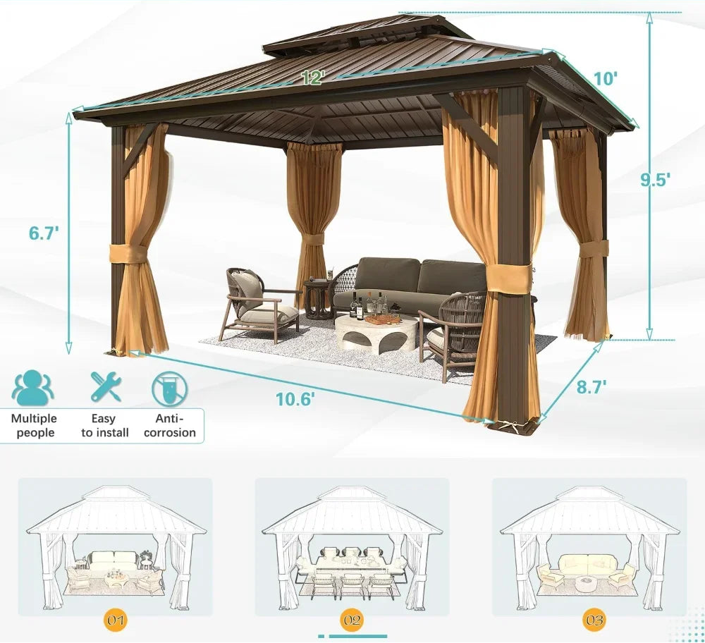 10' X 12' Hardtop Gazebo, Aluminum Frame Gazebos with Galvanized Steel Double Roof, Outdoor Metal Pavilion W/Curtain and Netting