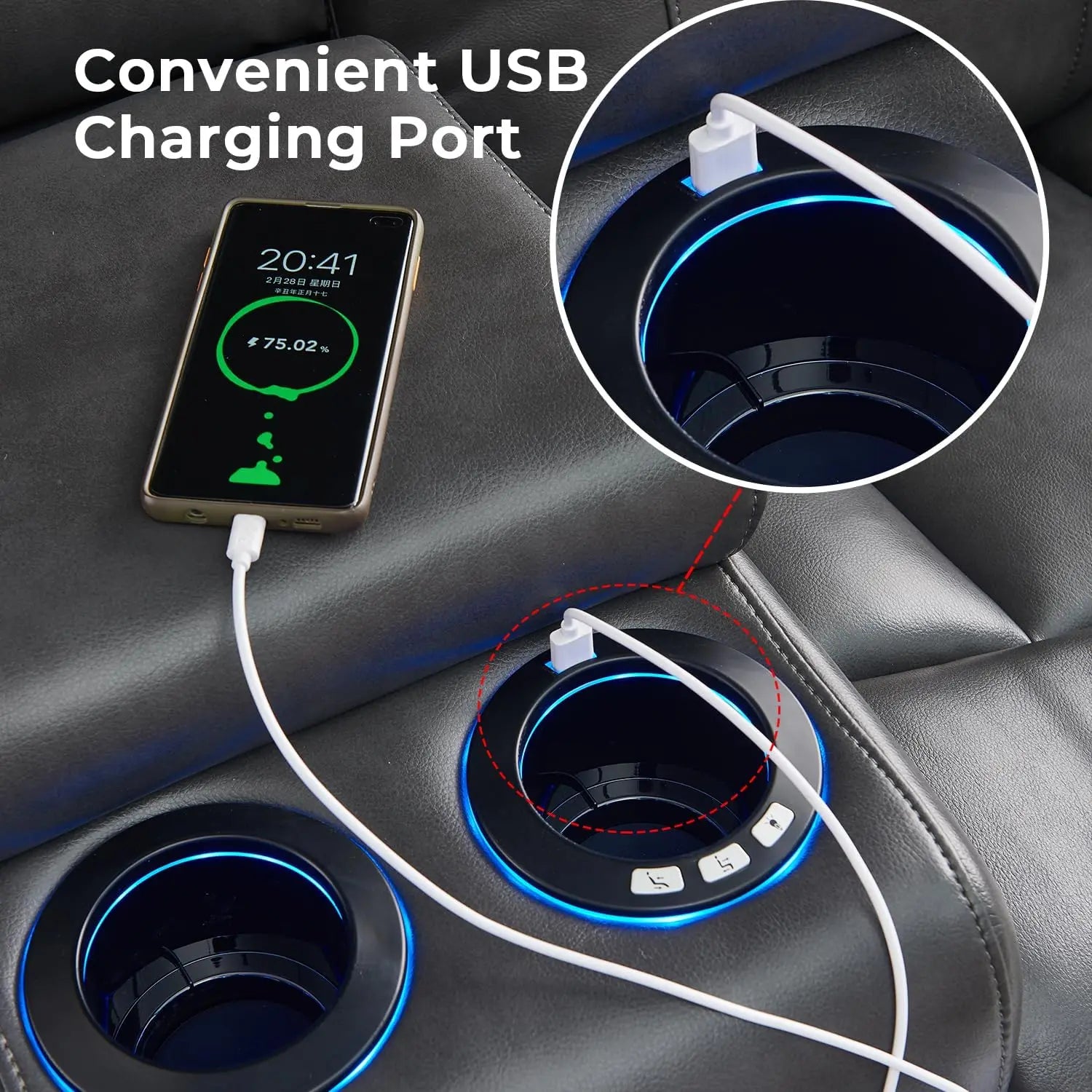 Power Recliner Sectional Sofa with LED Lights, USB, Cup Holders Storage Console Faux Leather Wall Hugger Living Room Couch