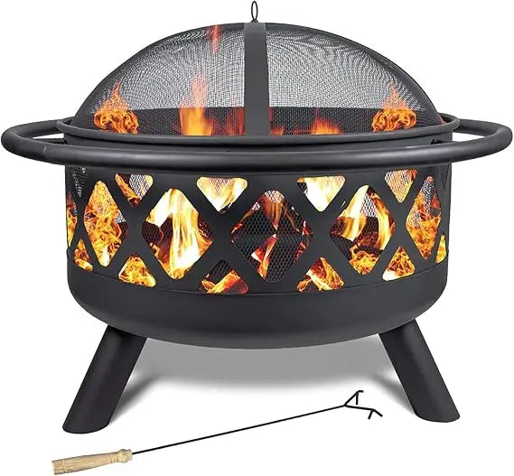 round outdoor 30" wood-burning fire pit with spark screen, log grate, and poker