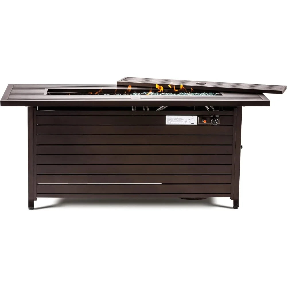 57 inch Gas Fire Pit Table Outdoor Propane Fire Pit Table, 50000BTU Fire Table with Lid, Retangular Bronze Firepit Table