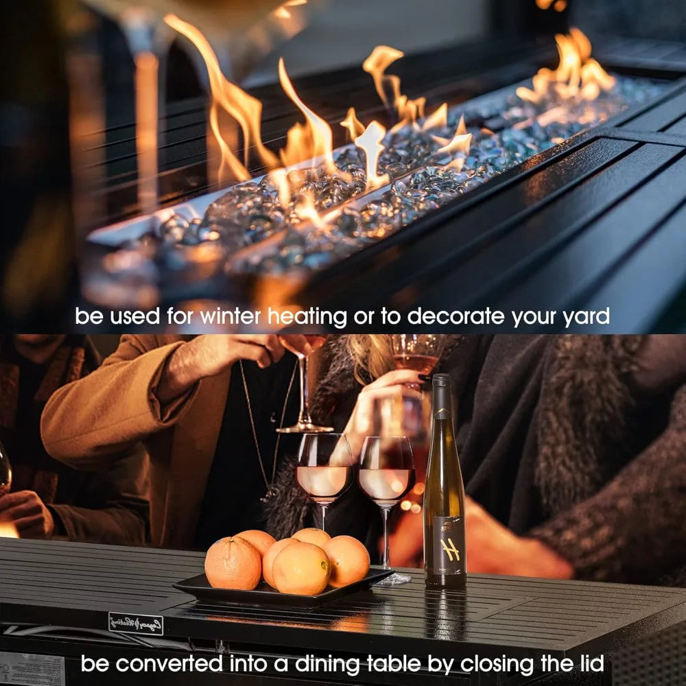 57 inch Gas Fire Pit Table Outdoor Propane Fire Pit Table, 50000BTU Fire Table with Lid, Retangular Bronze Firepit Table