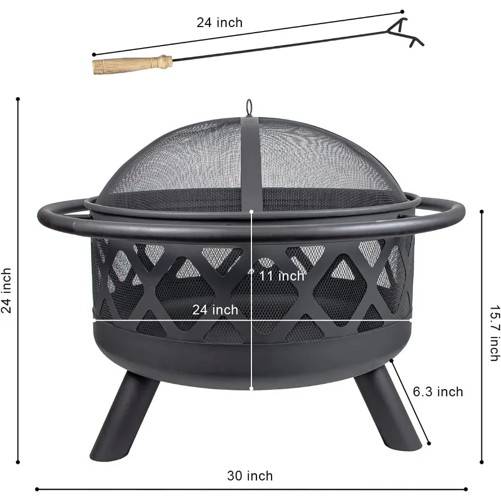 round outdoor 30" wood-burning fire pit with spark screen, log grate, and poker