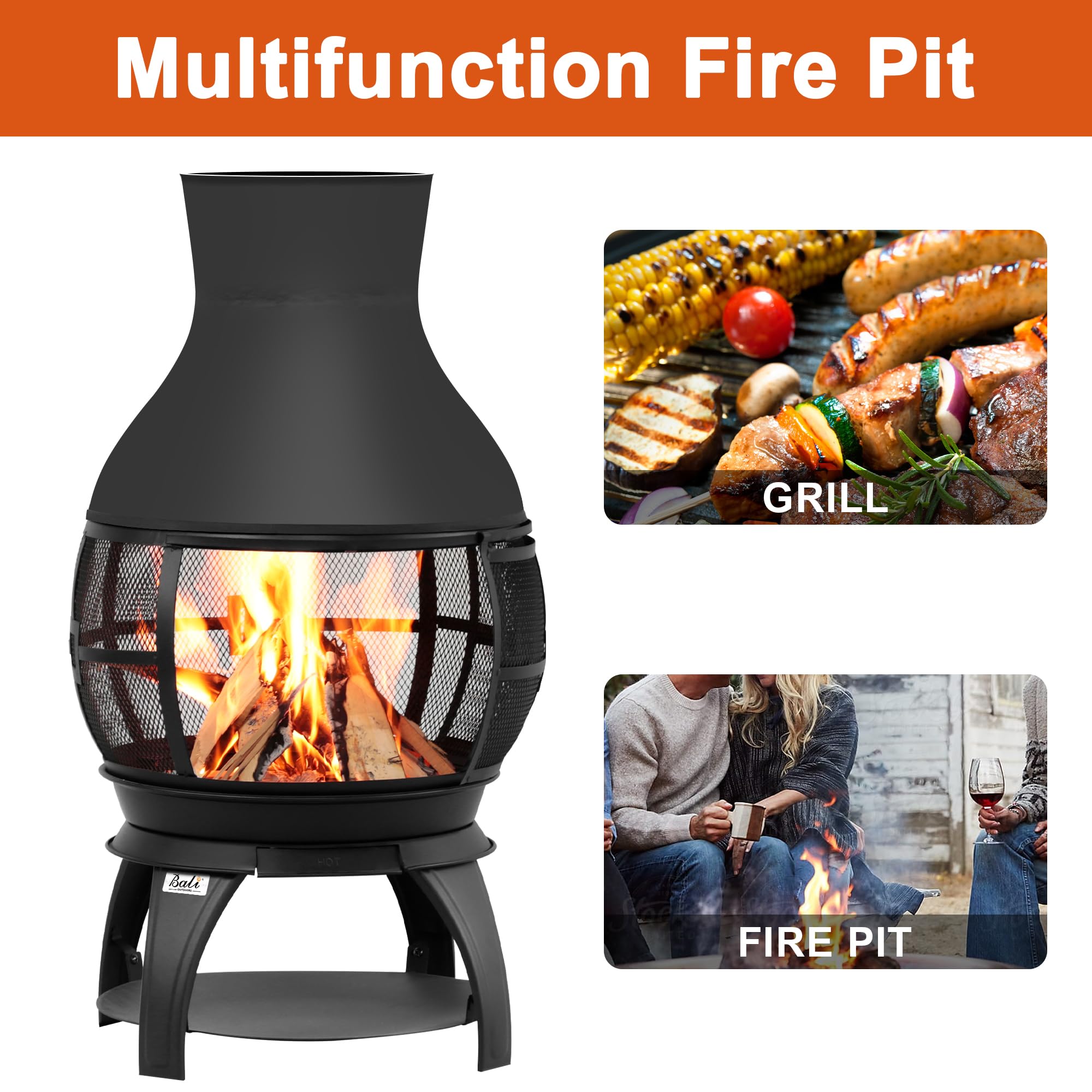 Outdoor Wood Burning Chiminea, Brown-Black