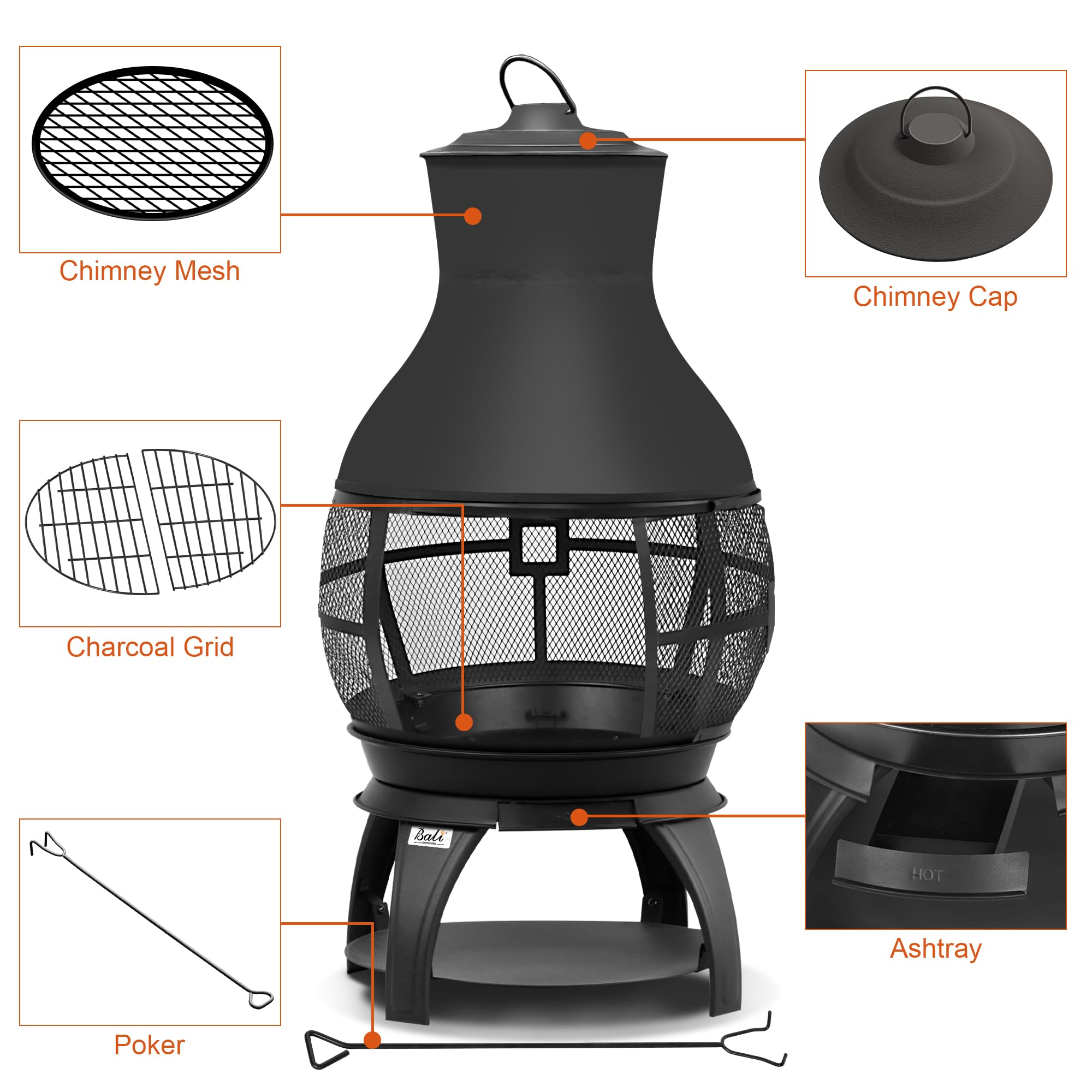 Outdoor Wood Burning Chiminea, Brown-Black