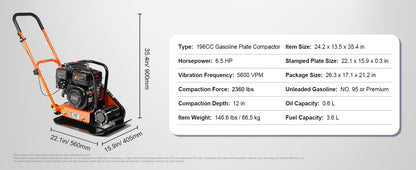 Gasoline Plate Compactor 6.5 HP Force Vibratory Compaction Tamper For Walkways, Patios, Asphalts Paver Landscaping